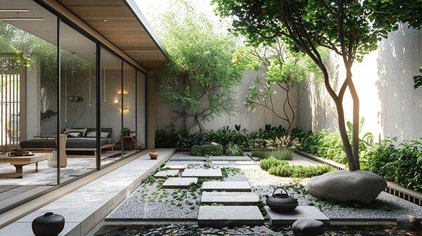 Thiết Kế Sân Vườn Ở Bảo Lộc - Kinh Nghiệm Giúp Tiết Kiệm Và Đẹp Bền Thiết kế sân vườn ở Bảo Lộc phong cách thiền với đá trắng, cây xanh và hồ nước