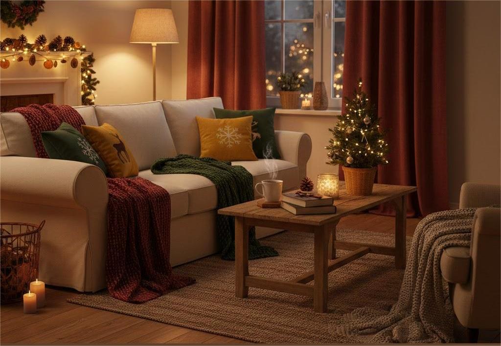 Phòng khách ấm áp với ánh đèn vàng khi trang trí nhà cuối năm