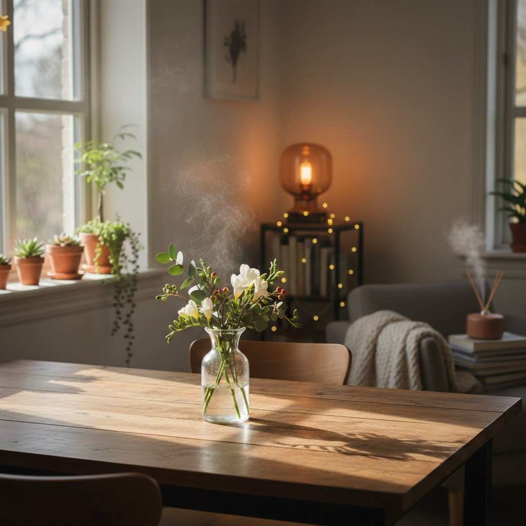 Góc bàn gỗ yên tĩnh với hoa và ánh sáng trang trí nhà cuối năm