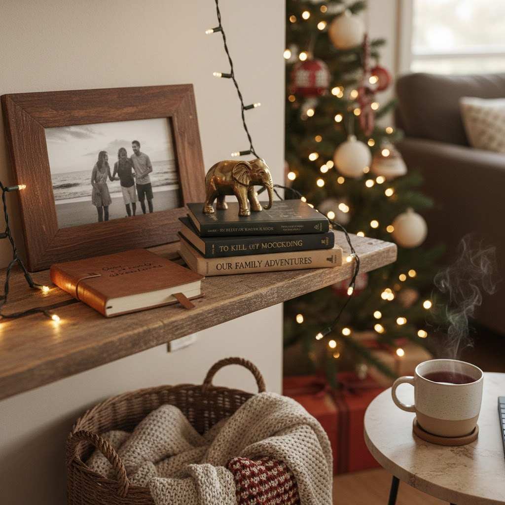 Kệ trang trí và cây thông nhỏ cho trang trí nhà cuối năm ấm áp