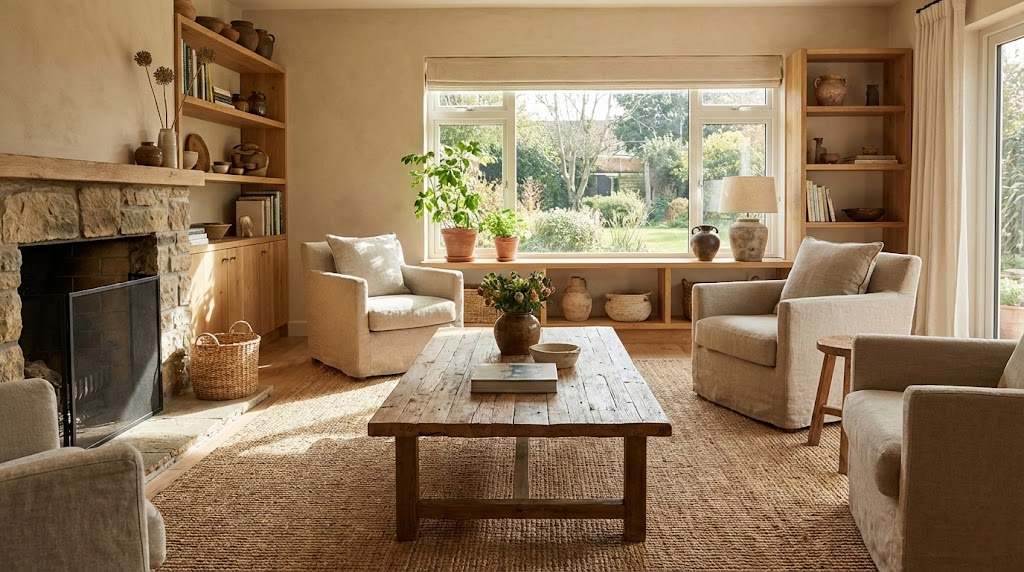 Phòng khách ấm cúng với nội thất từ vật liệu tự nhiên
