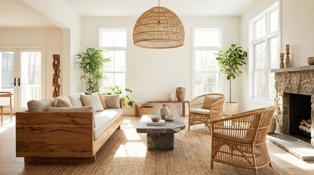 Phòng khách sáng thoáng với nội thất từ vật liệu tự nhiên