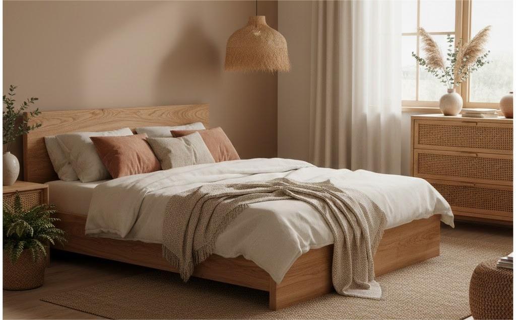 Phòng ngủ thư giãn với nội thất làm từ vật liệu tự nhiên