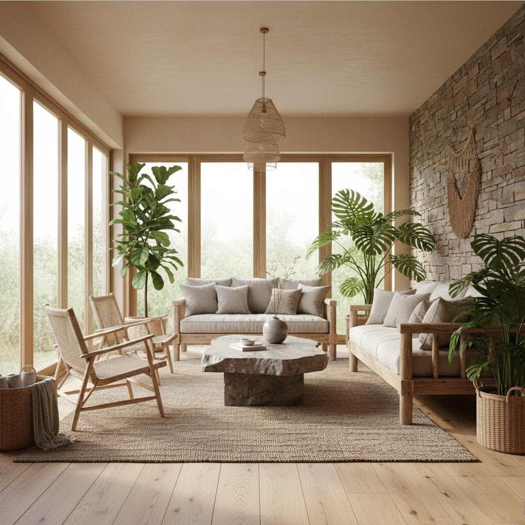 Phòng khách rộng thoáng sử dụng vật liệu tự nhiên