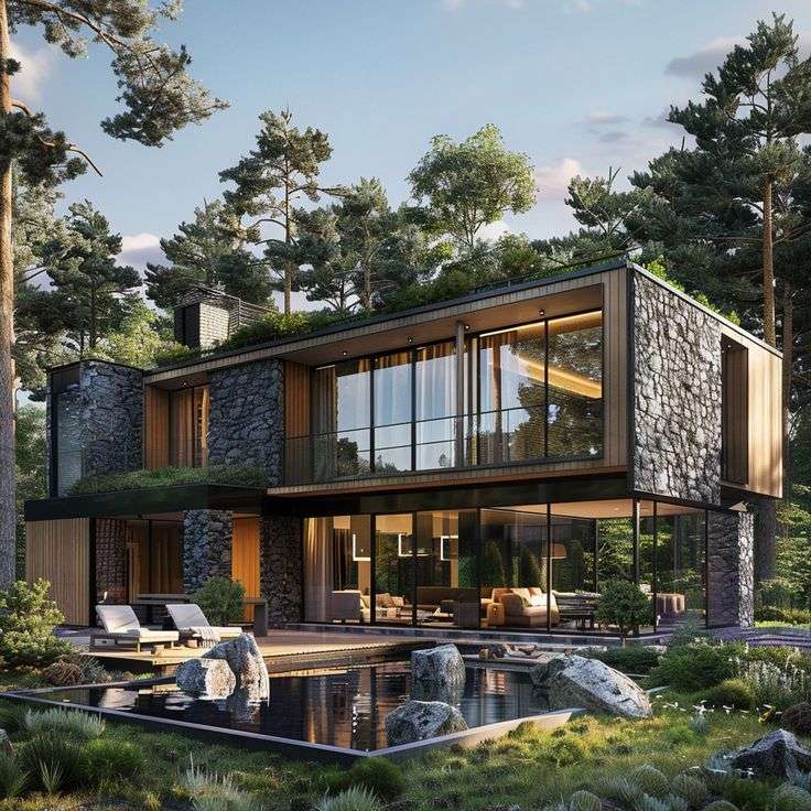 Villa Sân Vườn Và Kinh Nghiệm Thiết Kế Thực Tế Villa sân vườn hiện đại 2 tầng với hồ bơi trong rừng xanh