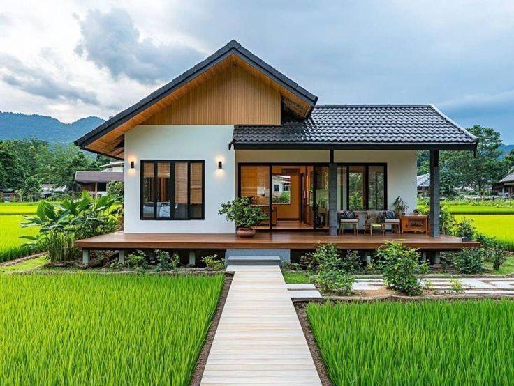 Xây Nhà Ở Quê Đẹp Và Gần Gũi: Trải Nghiệm Sống Đúng Nghĩa Xây nhà ở quê đẹp vườn mái Thái giữa cánh đồng lúa xanh, thiết kế hiện đại kết hợp truyền thống