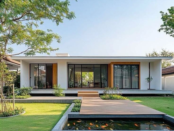 Xây Nhà Ở Quê Đẹp Và Gần Gũi: Trải Nghiệm Sống Đúng Nghĩa Nhà cấp 4 hiện đại giữa sân vườn xanh, lối đi gỗ và hồ cá phong cách resort