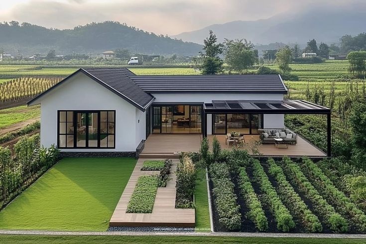 Nhà vườn cấp 4 hiện đại ở quê, mái lệch, sân vườn rau sạch và hiên thư giãn