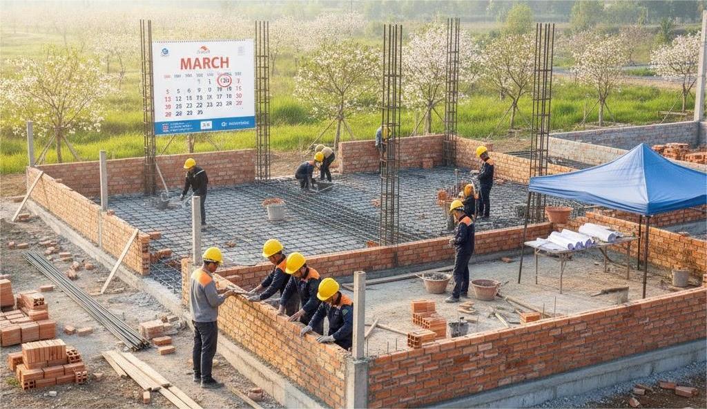 Vì Sao Nhiều Gia Chủ Chọn Xây Nhà Sau Tết? Giải Mã Insight Thực Tế Khởi công công trình đúng tiến độ khi xây nhà sau Tết