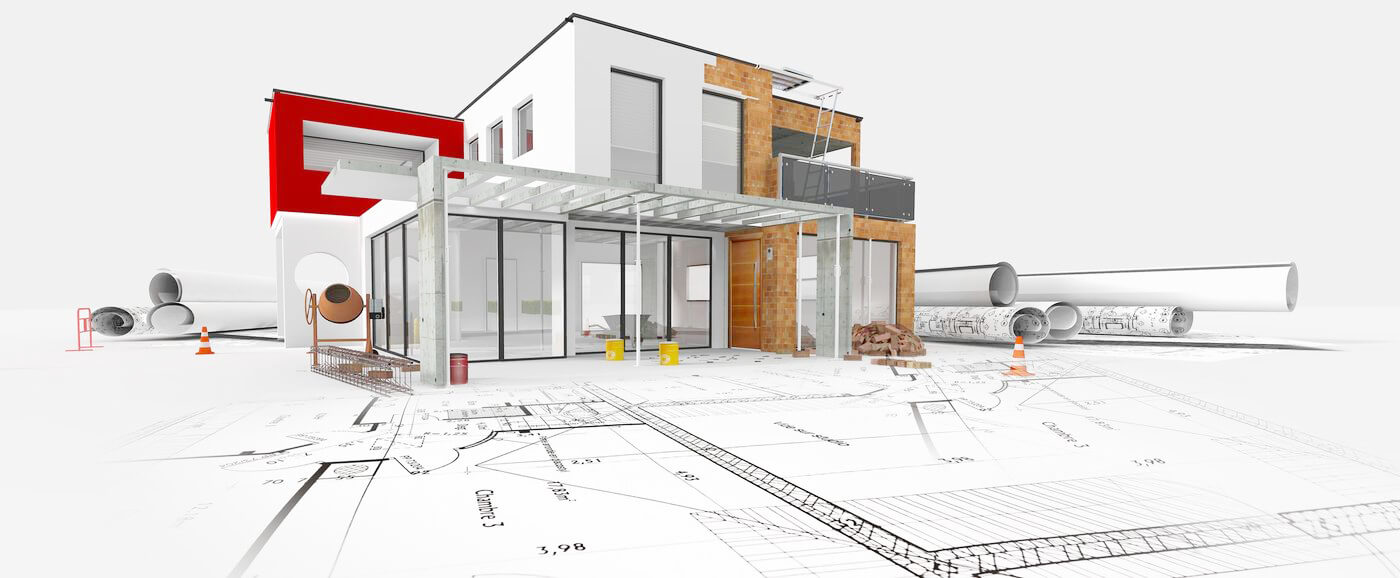Phối cảnh công trình nhà phố đặt trên bản vẽ kiến trúc, thể hiện bước đầu tiên trong quy trình xin phép xây dựng cho nhà ở đô thị.