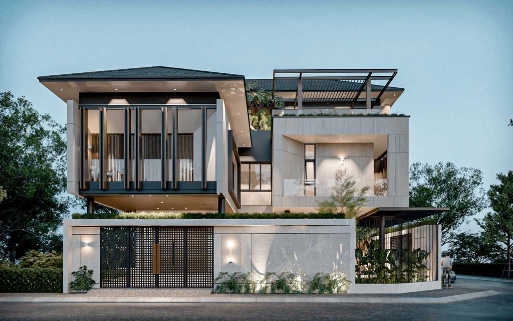 Xu Hướng Nhà Ở 2026: Tối Giản, Xanh Và Đầy Tiện Nghi Biệt thự sang trọng theo xu hướng nhà ở 2026 khi lên đèn buổi tối
