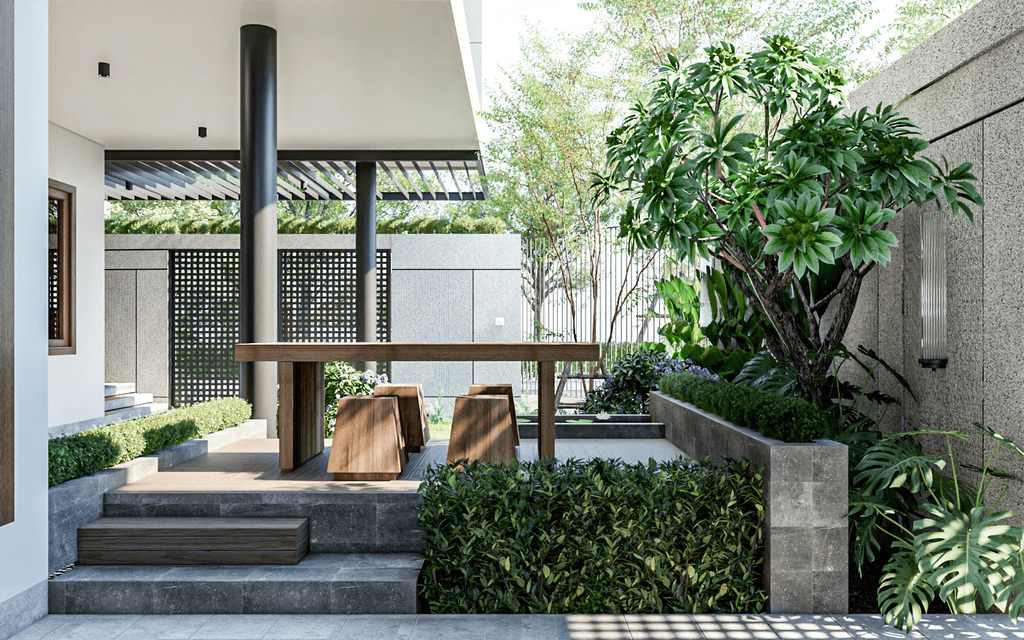 Xu Hướng Nhà Ở 2026: Tối Giản, Xanh Và Đầy Tiện Nghi Sân vườn mộc mạc phản ánh xu hướng nhà ở 2026 chú trọng không gian xanh