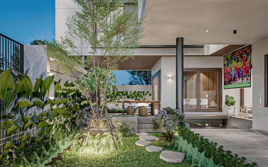 Xu Hướng Nhà Ở 2026: Tối Giản, Xanh Và Đầy Tiện Nghi Không gian ngoài trời xanh mát theo xu hướng nhà ở 2026