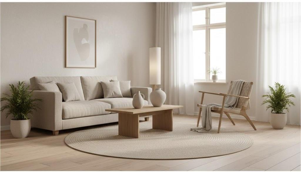 Phòng khách phong cách tối giản với gam màu trung tính hiện đại