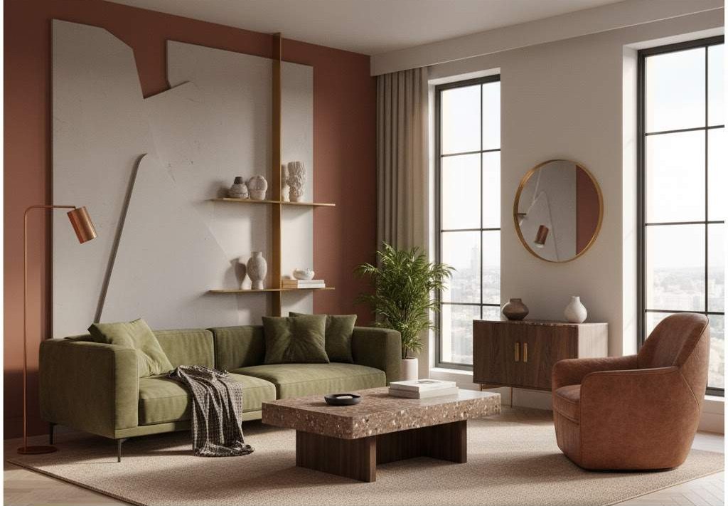 Phòng khách sang trọng với tông đất và phong cách hiện đại ấm áp