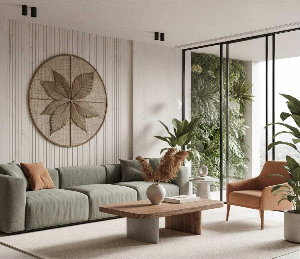 Phòng khách phong cách organic với chất liệu tự nhiên và cây xanh