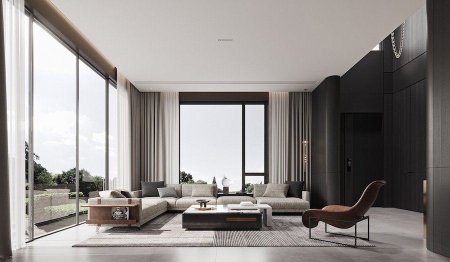 Phòng khách hiện đại với sofa xám và cửa kính lớn đón ánh sáng tự nhiên