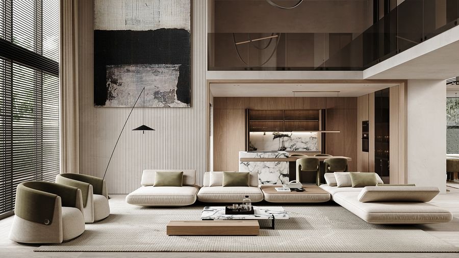 Xu Hướng Thiết Kế Nội Thất 2025 Và Màu Sắc Xu Hướng Đẹp Phòng khách sang trọng với sofa thấp màu be và điểm nhấn xanh olive